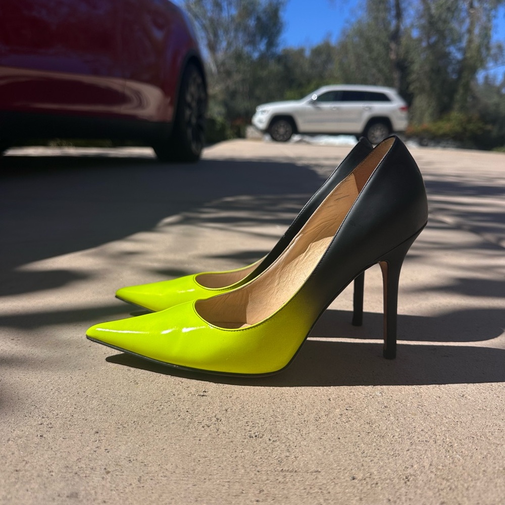 Jimmy Choo Neon Yellow and Black Pointed Toe Patent Stilettos